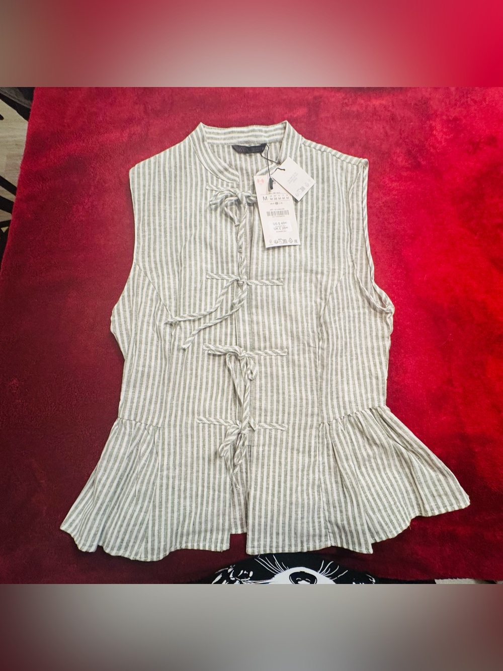 Zara Sleeveless Striped Tie-Front Peplum Top - Gray & White - Picture 1 of 7